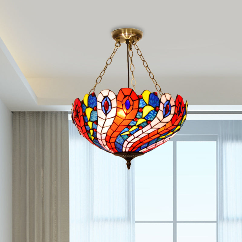 Dome White/Red/Blue Stained Glass Semi Flush Mount Mediterranean 3 Lights Brass Ceiling Lamp for Living Room Clearhalo 'Ceiling Lights' 'Close To Ceiling Lights' 'Close to ceiling' 'Glass shade' 'Glass' 'Semi-flushmount' 'Tiffany close to ceiling' 'Tiffany' Lighting' 317879