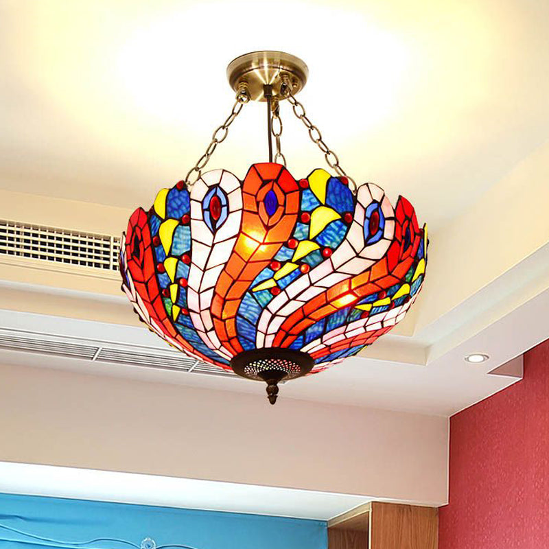 Dome White/Red/Blue Stained Glass Semi Flush Mount Mediterranean 3 Lights Brass Ceiling Lamp for Living Room Clearhalo 'Ceiling Lights' 'Close To Ceiling Lights' 'Close to ceiling' 'Glass shade' 'Glass' 'Semi-flushmount' 'Tiffany close to ceiling' 'Tiffany' Lighting' 317880