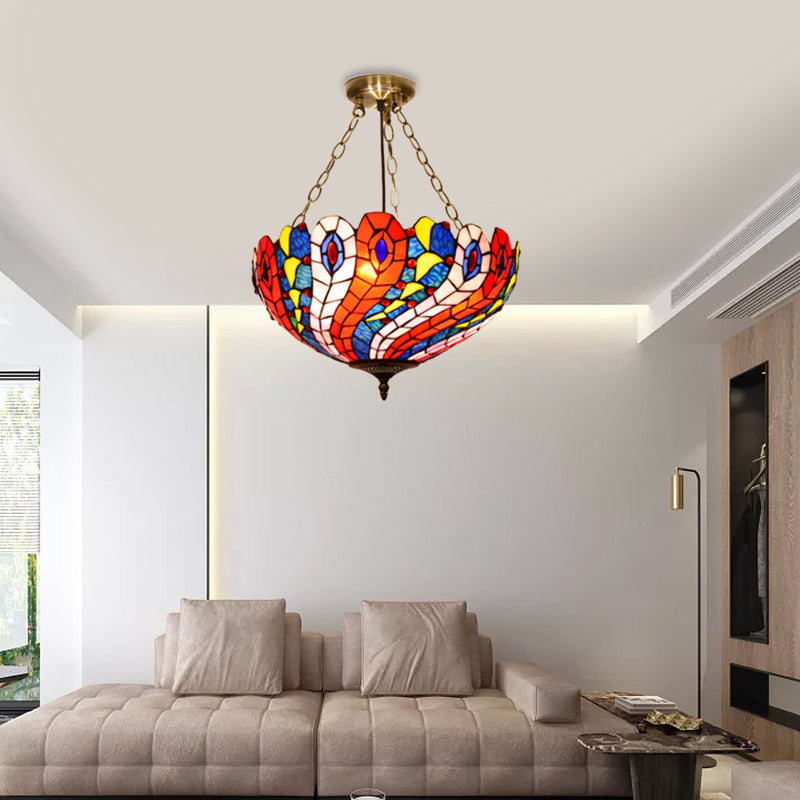 Dome White/Red/Blue Stained Glass Semi Flush Mount Mediterranean 3 Lights Brass Ceiling Lamp for Living Room Clearhalo 'Ceiling Lights' 'Close To Ceiling Lights' 'Close to ceiling' 'Glass shade' 'Glass' 'Semi-flushmount' 'Tiffany close to ceiling' 'Tiffany' Lighting' 317881