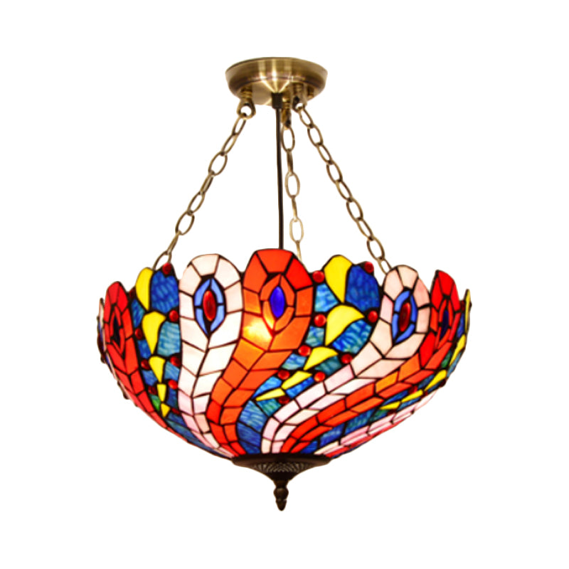 Dome White/Red/Blue Stained Glass Semi Flush Mount Mediterranean 3 Lights Brass Ceiling Lamp for Living Room Clearhalo 'Ceiling Lights' 'Close To Ceiling Lights' 'Close to ceiling' 'Glass shade' 'Glass' 'Semi-flushmount' 'Tiffany close to ceiling' 'Tiffany' Lighting' 317882