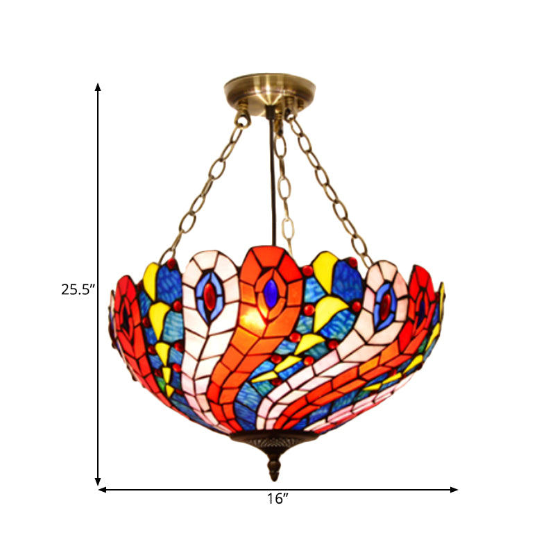 Dome White/Red/Blue Stained Glass Semi Flush Mount Mediterranean 3 Lights Brass Ceiling Lamp for Living Room Clearhalo 'Ceiling Lights' 'Close To Ceiling Lights' 'Close to ceiling' 'Glass shade' 'Glass' 'Semi-flushmount' 'Tiffany close to ceiling' 'Tiffany' Lighting' 317883