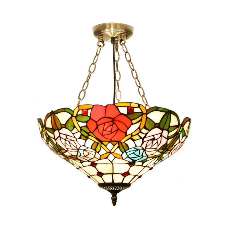 Dome White/Red/Blue Stained Glass Semi Flush Mount Mediterranean 3 Lights Brass Ceiling Lamp for Living Room Red Clearhalo 'Ceiling Lights' 'Close To Ceiling Lights' 'Close to ceiling' 'Glass shade' 'Glass' 'Semi-flushmount' 'Tiffany close to ceiling' 'Tiffany' Lighting' 317884