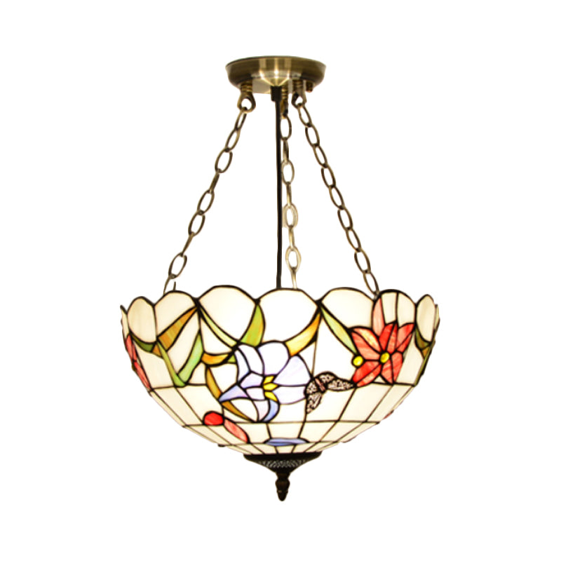 Dome White/Red/Blue Stained Glass Semi Flush Mount Mediterranean 3 Lights Brass Ceiling Lamp for Living Room White Clearhalo 'Ceiling Lights' 'Close To Ceiling Lights' 'Close to ceiling' 'Glass shade' 'Glass' 'Semi-flushmount' 'Tiffany close to ceiling' 'Tiffany' Lighting' 317886