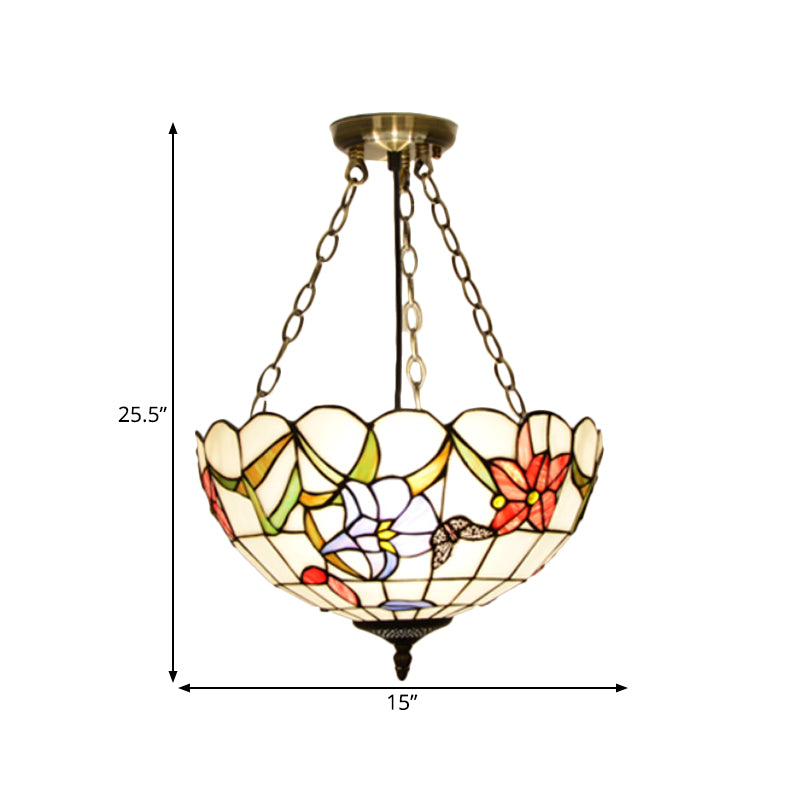 Dome White/Red/Blue Stained Glass Semi Flush Mount Mediterranean 3 Lights Brass Ceiling Lamp for Living Room Clearhalo 'Ceiling Lights' 'Close To Ceiling Lights' 'Close to ceiling' 'Glass shade' 'Glass' 'Semi-flushmount' 'Tiffany close to ceiling' 'Tiffany' Lighting' 317887