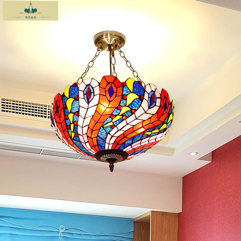 Dome White/Red/Blue Stained Glass Semi Flush Mount Mediterranean 3 Lights Brass Ceiling Lamp for Living Room Blue Clearhalo 'Ceiling Lights' 'Close To Ceiling Lights' 'Close to ceiling' 'Glass shade' 'Glass' 'Semi-flushmount' 'Tiffany close to ceiling' 'Tiffany' Lighting' 317888