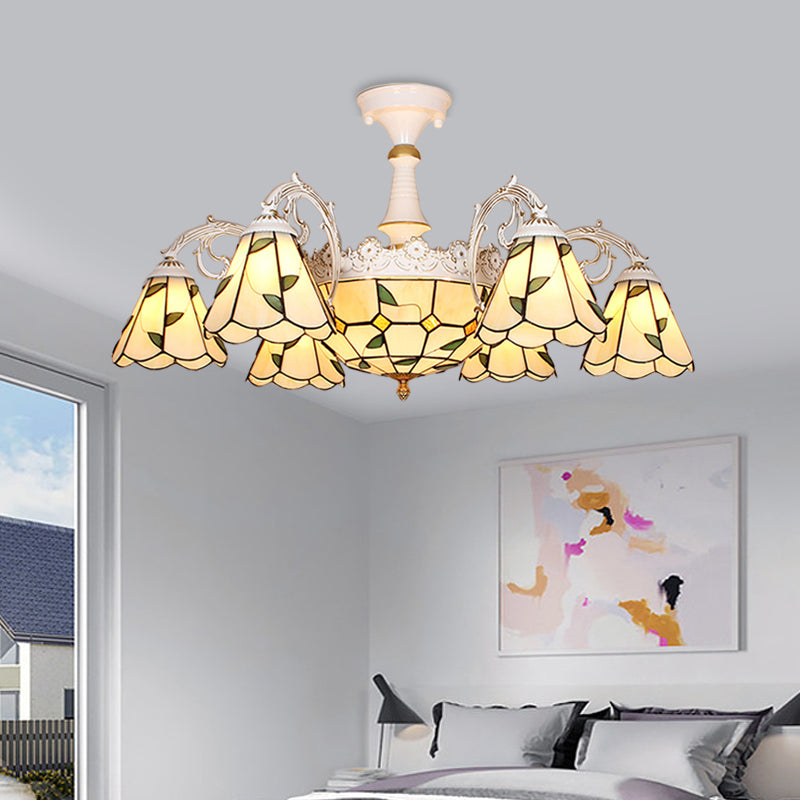 Domed Semi-Flush Ceiling Light Baroque White/Blue/Textured Silver Glass 9 Lights Lighting Fixture for Bedroom White Clearhalo 'Ceiling Lights' 'Close To Ceiling Lights' 'Close to ceiling' 'Glass shade' 'Glass' 'Semi-flushmount' 'Tiffany close to ceiling' 'Tiffany' Lighting' 317889
