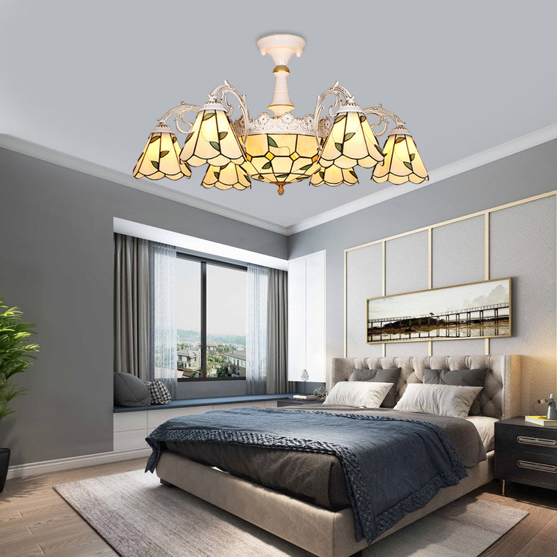Domed Semi-Flush Ceiling Light Baroque White/Blue/Textured Silver Glass 9 Lights Lighting Fixture for Bedroom Clearhalo 'Ceiling Lights' 'Close To Ceiling Lights' 'Close to ceiling' 'Glass shade' 'Glass' 'Semi-flushmount' 'Tiffany close to ceiling' 'Tiffany' Lighting' 317891