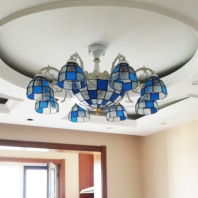 Domed Semi-Flush Ceiling Light Baroque White/Blue/Textured Silver Glass 9 Lights Lighting Fixture for Bedroom Clearhalo 'Ceiling Lights' 'Close To Ceiling Lights' 'Close to ceiling' 'Glass shade' 'Glass' 'Semi-flushmount' 'Tiffany close to ceiling' 'Tiffany' Lighting' 317895