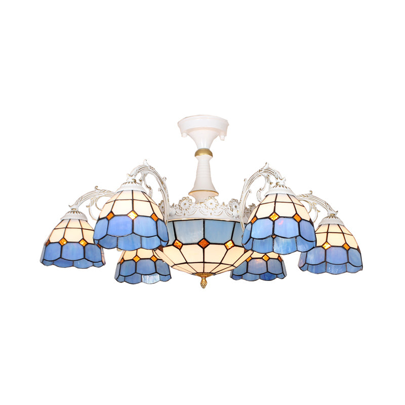 Domed Semi-Flush Ceiling Light Baroque White/Blue/Textured Silver Glass 9 Lights Lighting Fixture for Bedroom Clearhalo 'Ceiling Lights' 'Close To Ceiling Lights' 'Close to ceiling' 'Glass shade' 'Glass' 'Semi-flushmount' 'Tiffany close to ceiling' 'Tiffany' Lighting' 317896
