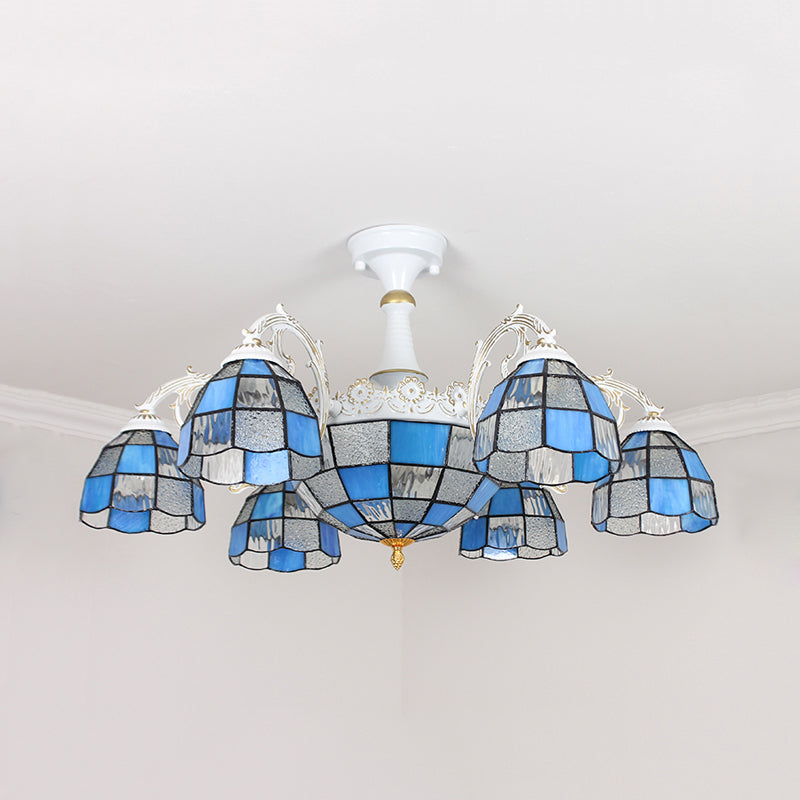 Domed Semi-Flush Ceiling Light Baroque White/Blue/Textured Silver Glass 9 Lights Lighting Fixture for Bedroom Clearhalo 'Ceiling Lights' 'Close To Ceiling Lights' 'Close to ceiling' 'Glass shade' 'Glass' 'Semi-flushmount' 'Tiffany close to ceiling' 'Tiffany' Lighting' 317897