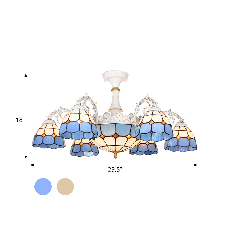 Domed Semi-Flush Ceiling Light Baroque White/Blue/Textured Silver Glass 9 Lights Lighting Fixture for Bedroom Clearhalo 'Ceiling Lights' 'Close To Ceiling Lights' 'Close to ceiling' 'Glass shade' 'Glass' 'Semi-flushmount' 'Tiffany close to ceiling' 'Tiffany' Lighting' 317898
