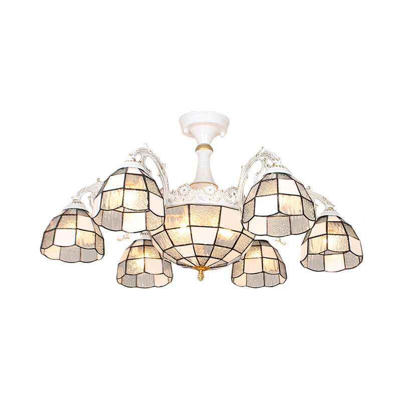 Domed Semi-Flush Ceiling Light Baroque White/Blue/Textured Silver Glass 9 Lights Lighting Fixture for Bedroom Textured Silver Clearhalo 'Ceiling Lights' 'Close To Ceiling Lights' 'Close to ceiling' 'Glass shade' 'Glass' 'Semi-flushmount' 'Tiffany close to ceiling' 'Tiffany' Lighting' 317899