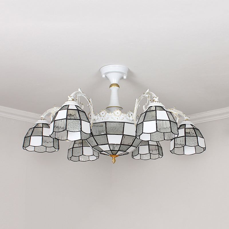 Domed Semi-Flush Ceiling Light Baroque White/Blue/Textured Silver Glass 9 Lights Lighting Fixture for Bedroom Clearhalo 'Ceiling Lights' 'Close To Ceiling Lights' 'Close to ceiling' 'Glass shade' 'Glass' 'Semi-flushmount' 'Tiffany close to ceiling' 'Tiffany' Lighting' 317900