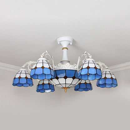 9 Lights Semi Flush Baroque Grid Patterned Blue/Orange/Light Blue Cut Glass Ceiling Light for Living Room Blue Clearhalo 'Ceiling Lights' 'Chandeliers' 'Close To Ceiling Lights' 'Close to ceiling' 'Glass shade' 'Glass' 'Semi-flushmount' Lighting' 317907