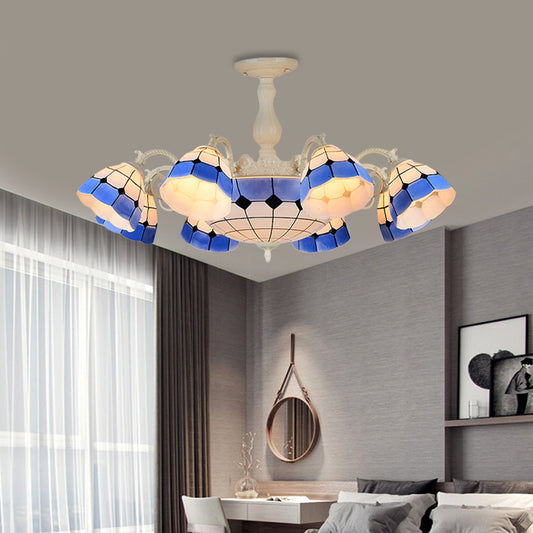 9/14 Lights Semi Flush Light Fixture Tiffany-Style Grid Patterned Blue Cut Glass Ceiling Lamp for Living Room 9 Blue Clearhalo 'Ceiling Lights' 'Close To Ceiling Lights' 'Close to ceiling' 'Glass shade' 'Glass' 'Semi-flushmount' 'Tiffany close to ceiling' 'Tiffany' Lighting' 317920