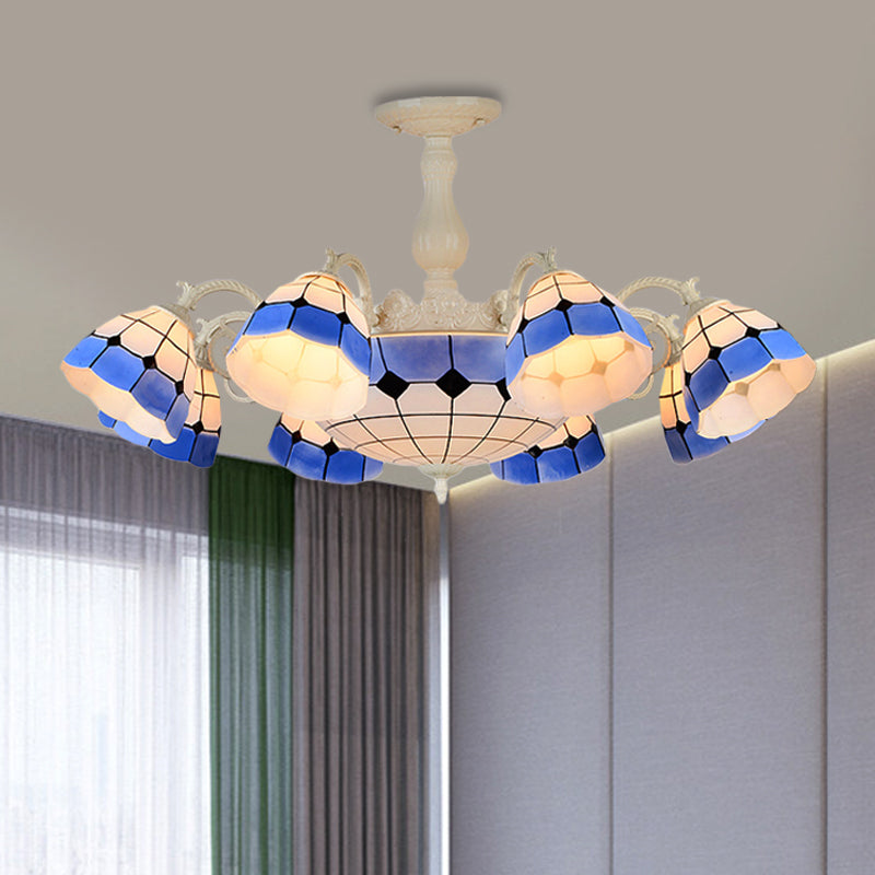 9/14 Lights Semi Flush Light Fixture Tiffany-Style Grid Patterned Blue Cut Glass Ceiling Lamp for Living Room Clearhalo 'Ceiling Lights' 'Close To Ceiling Lights' 'Close to ceiling' 'Glass shade' 'Glass' 'Semi-flushmount' 'Tiffany close to ceiling' 'Tiffany' Lighting' 317921