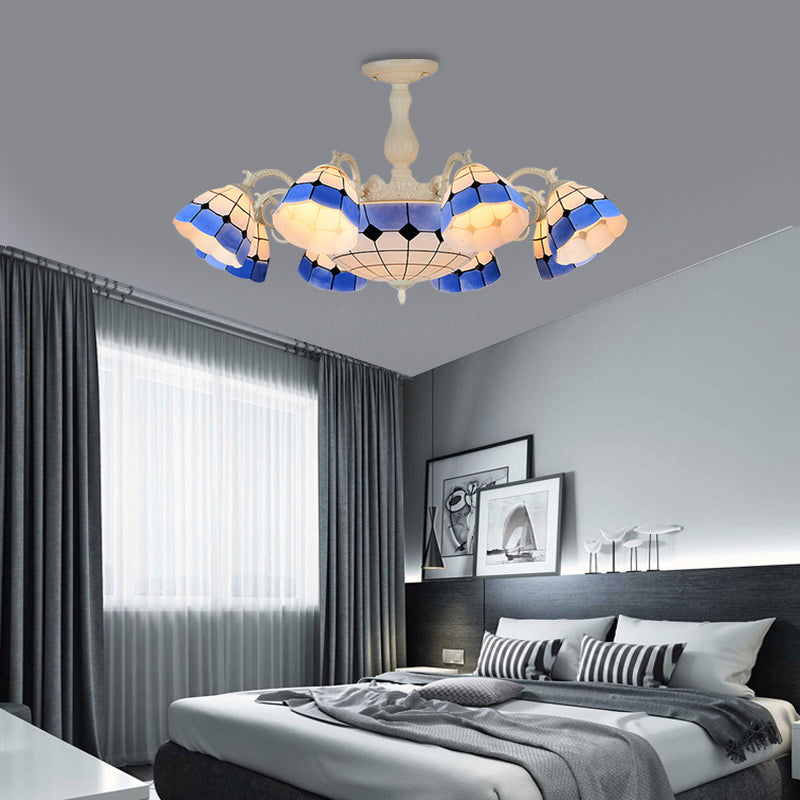 9/14 Lights Semi Flush Light Fixture Tiffany-Style Grid Patterned Blue Cut Glass Ceiling Lamp for Living Room Clearhalo 'Ceiling Lights' 'Close To Ceiling Lights' 'Close to ceiling' 'Glass shade' 'Glass' 'Semi-flushmount' 'Tiffany close to ceiling' 'Tiffany' Lighting' 317922