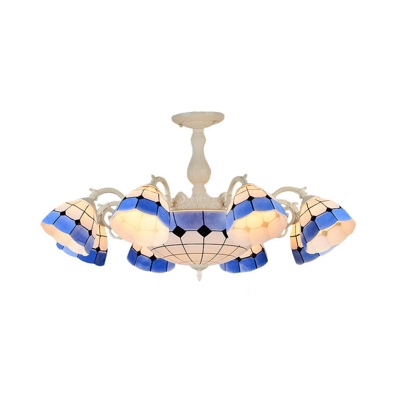 9/14 Lights Semi Flush Light Fixture Tiffany-Style Grid Patterned Blue Cut Glass Ceiling Lamp for Living Room Clearhalo 'Ceiling Lights' 'Close To Ceiling Lights' 'Close to ceiling' 'Glass shade' 'Glass' 'Semi-flushmount' 'Tiffany close to ceiling' 'Tiffany' Lighting' 317923