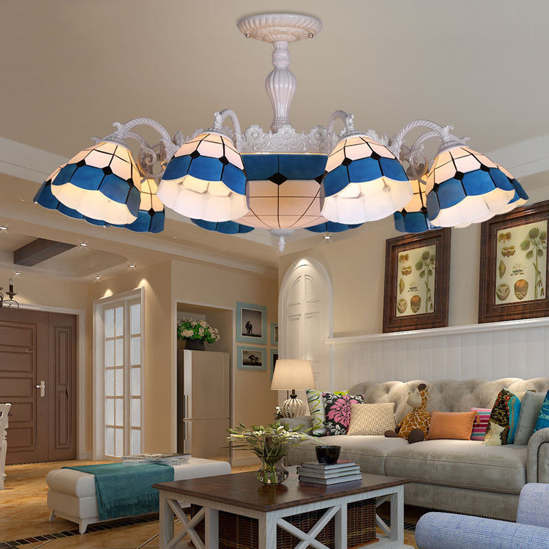 9/14 Lights Semi Flush Light Fixture Tiffany-Style Grid Patterned Blue Cut Glass Ceiling Lamp for Living Room 14 Blue Clearhalo 'Ceiling Lights' 'Close To Ceiling Lights' 'Close to ceiling' 'Glass shade' 'Glass' 'Semi-flushmount' 'Tiffany close to ceiling' 'Tiffany' Lighting' 317925