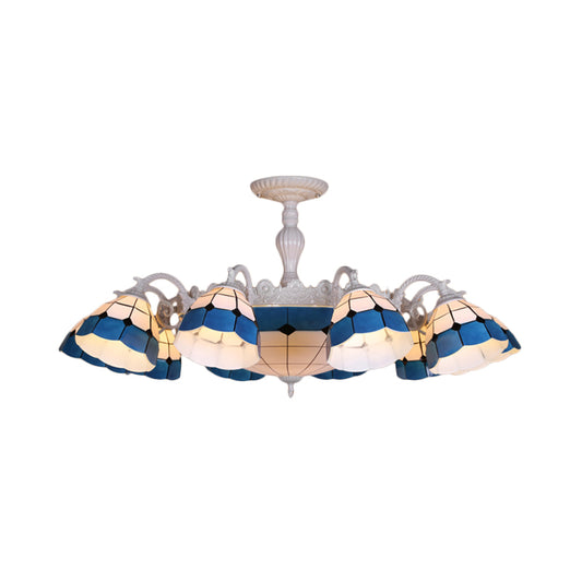 9/14 Lights Semi Flush Light Fixture Tiffany-Style Grid Patterned Blue Cut Glass Ceiling Lamp for Living Room Clearhalo 'Ceiling Lights' 'Close To Ceiling Lights' 'Close to ceiling' 'Glass shade' 'Glass' 'Semi-flushmount' 'Tiffany close to ceiling' 'Tiffany' Lighting' 317926