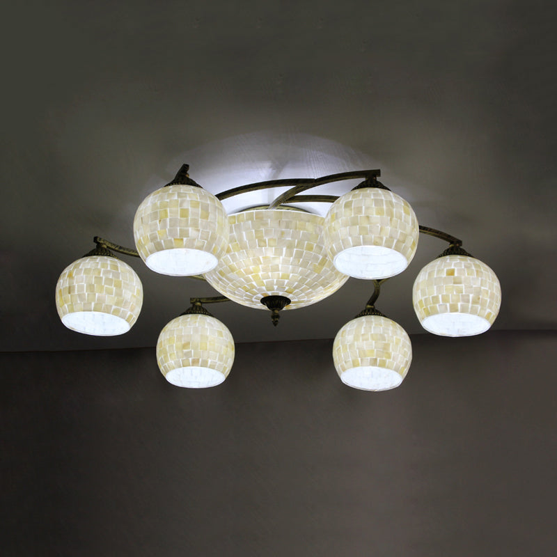 Shell Globe Semi Flush Ceiling Light Mediterranean 3/9/11 Lights White/Colorful Lighting Fixture for Living Room 9 White Clearhalo 'Ceiling Lights' 'Close To Ceiling Lights' 'Close to ceiling' 'Flush mount' Lighting' 317947