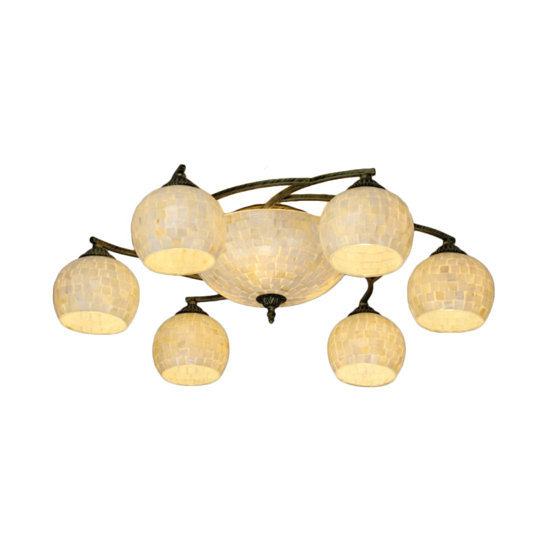 Shell Globe Semi Flush Ceiling Light Mediterranean 3/9/11 Lights White/Colorful Lighting Fixture for Living Room Clearhalo 'Ceiling Lights' 'Close To Ceiling Lights' 'Close to ceiling' 'Flush mount' Lighting' 317948