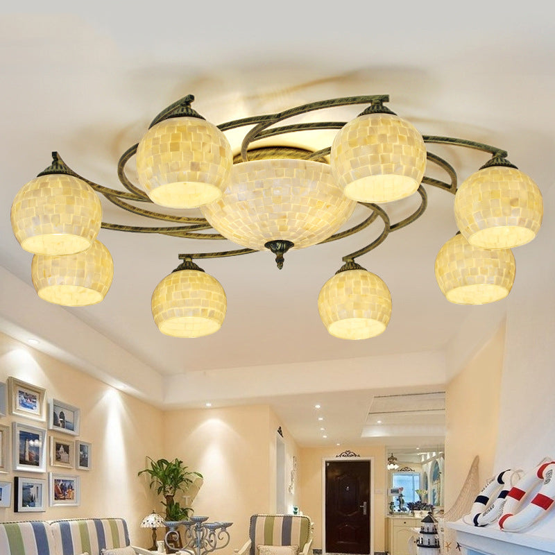 Shell Globe Semi Flush Ceiling Light Mediterranean 3/9/11 Lights White/Colorful Lighting Fixture for Living Room 11 White Clearhalo 'Ceiling Lights' 'Close To Ceiling Lights' 'Close to ceiling' 'Flush mount' Lighting' 317950