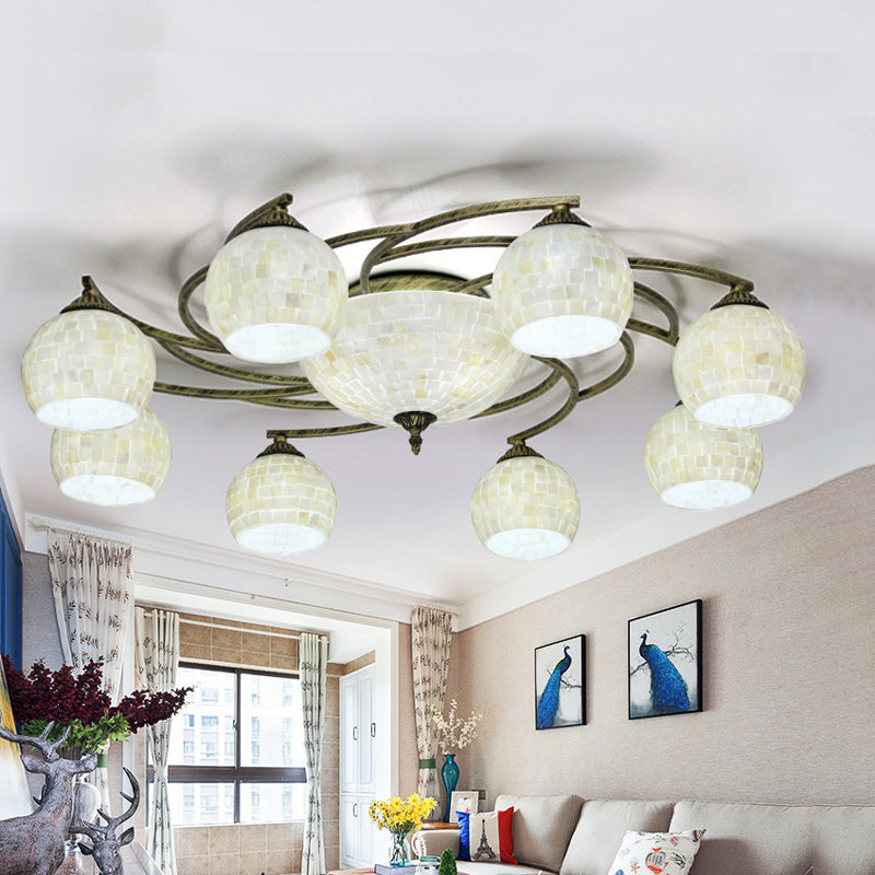 Shell Globe Semi Flush Ceiling Light Mediterranean 3/9/11 Lights White/Colorful Lighting Fixture for Living Room Clearhalo 'Ceiling Lights' 'Close To Ceiling Lights' 'Close to ceiling' 'Flush mount' Lighting' 317951
