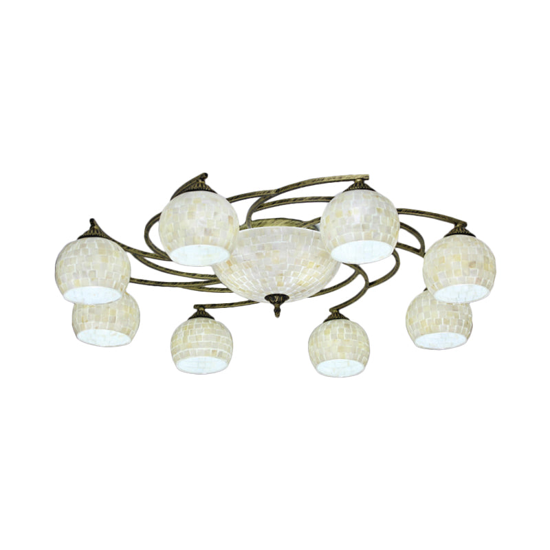 Shell Globe Semi Flush Ceiling Light Mediterranean 3/9/11 Lights White/Colorful Lighting Fixture for Living Room Clearhalo 'Ceiling Lights' 'Close To Ceiling Lights' 'Close to ceiling' 'Flush mount' Lighting' 317952