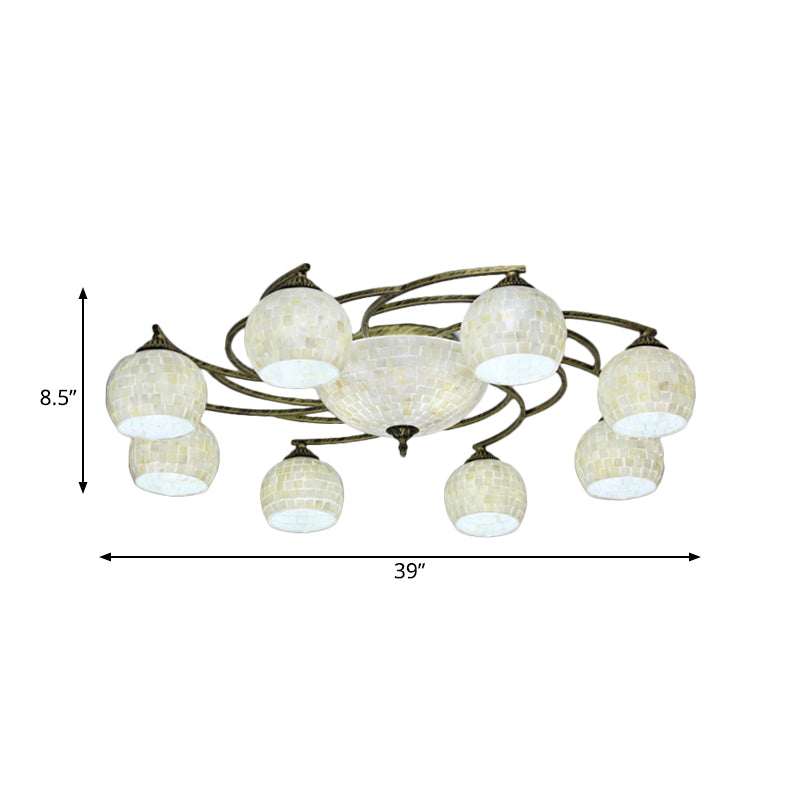 Shell Globe Semi Flush Ceiling Light Mediterranean 3/9/11 Lights White/Colorful Lighting Fixture for Living Room Clearhalo 'Ceiling Lights' 'Close To Ceiling Lights' 'Close to ceiling' 'Flush mount' Lighting' 317953