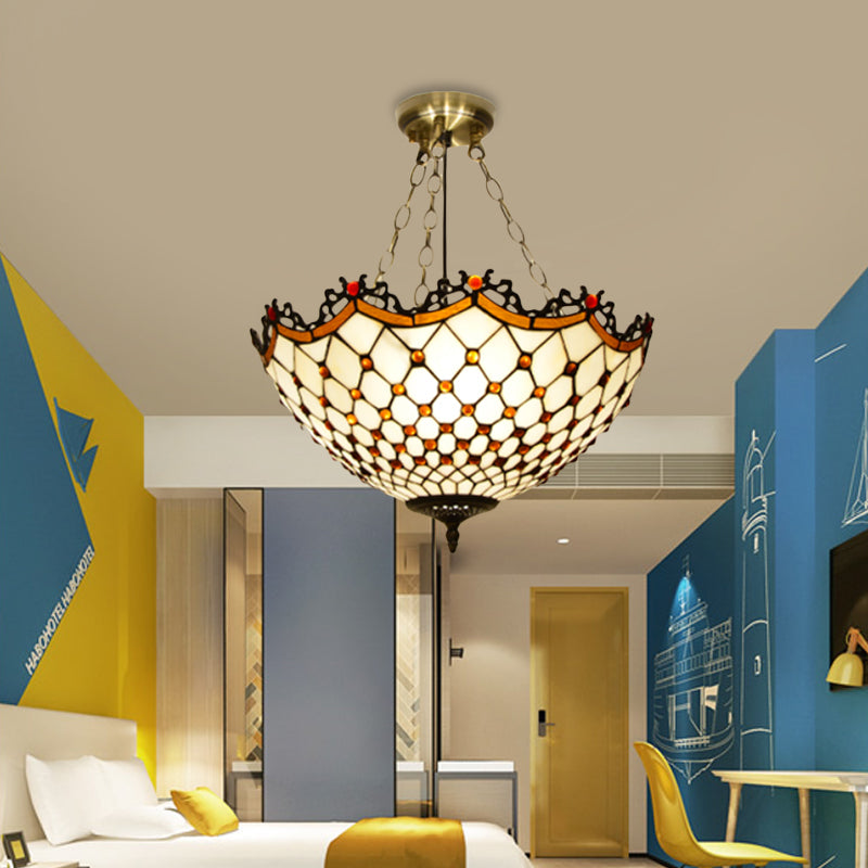 Bowl Semi Mount Lighting 3 Lights White/Blue Glass Baroque Ceiling Lamp for Living Room White Clearhalo 'Ceiling Lights' 'Close To Ceiling Lights' 'Close to ceiling' 'Glass shade' 'Glass' 'Semi-flushmount' 'Tiffany close to ceiling' 'Tiffany' Lighting' 317980