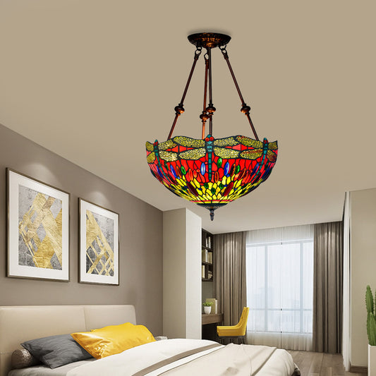 Dragonfly Red/Orange Cut Glass Semi Flush Mount Tiffany Style 2 Lights Bronze Ceiling Fixture for Living Room Red Clearhalo 'Ceiling Lights' 'Close To Ceiling Lights' 'Close to ceiling' 'Glass shade' 'Glass' 'Semi-flushmount' 'Tiffany close to ceiling' 'Tiffany' Lighting' 317987