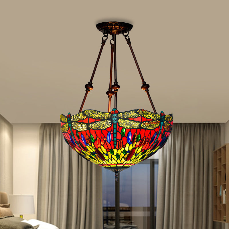 Dragonfly Red/Orange Cut Glass Semi Flush Mount Tiffany Style 2 Lights Bronze Ceiling Fixture for Living Room Clearhalo 'Ceiling Lights' 'Close To Ceiling Lights' 'Close to ceiling' 'Glass shade' 'Glass' 'Semi-flushmount' 'Tiffany close to ceiling' 'Tiffany' Lighting' 317988
