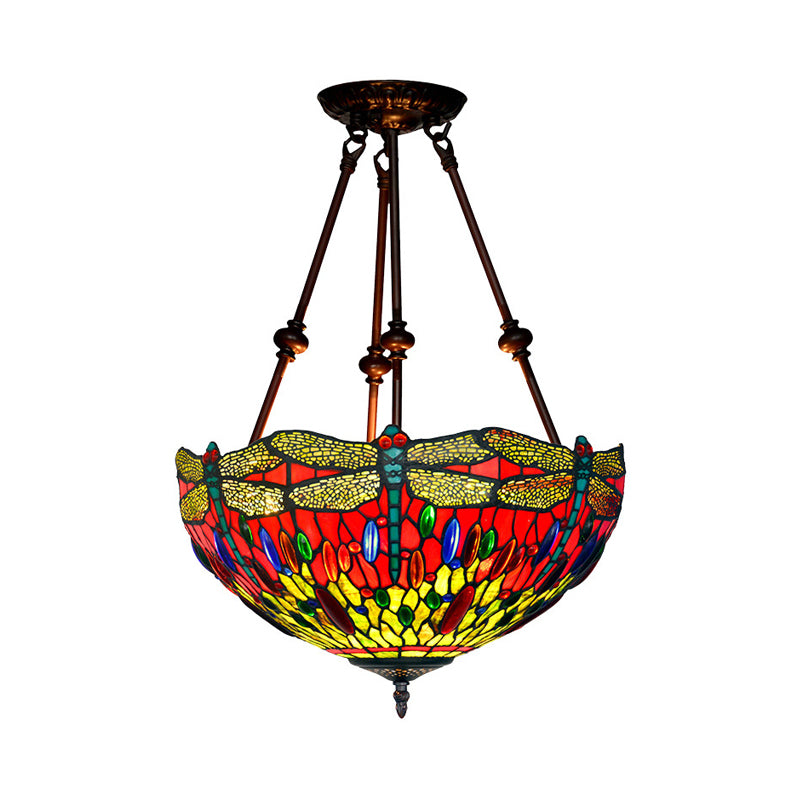 Dragonfly Red/Orange Cut Glass Semi Flush Mount Tiffany Style 2 Lights Bronze Ceiling Fixture for Living Room Clearhalo 'Ceiling Lights' 'Close To Ceiling Lights' 'Close to ceiling' 'Glass shade' 'Glass' 'Semi-flushmount' 'Tiffany close to ceiling' 'Tiffany' Lighting' 317989