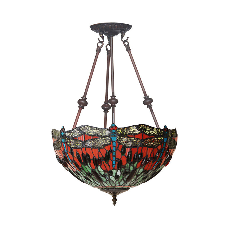 Dragonfly Red/Orange Cut Glass Semi Flush Mount Tiffany Style 2 Lights Bronze Ceiling Fixture for Living Room Clearhalo 'Ceiling Lights' 'Close To Ceiling Lights' 'Close to ceiling' 'Glass shade' 'Glass' 'Semi-flushmount' 'Tiffany close to ceiling' 'Tiffany' Lighting' 317990