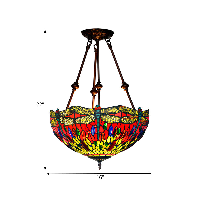Dragonfly Red/Orange Cut Glass Semi Flush Mount Tiffany Style 2 Lights Bronze Ceiling Fixture for Living Room Clearhalo 'Ceiling Lights' 'Close To Ceiling Lights' 'Close to ceiling' 'Glass shade' 'Glass' 'Semi-flushmount' 'Tiffany close to ceiling' 'Tiffany' Lighting' 317991