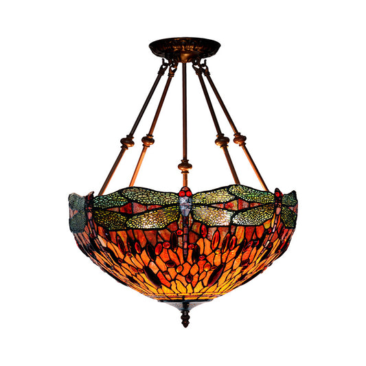Dragonfly Red/Orange Cut Glass Semi Flush Mount Tiffany Style 2 Lights Bronze Ceiling Fixture for Living Room Orange Clearhalo 'Ceiling Lights' 'Close To Ceiling Lights' 'Close to ceiling' 'Glass shade' 'Glass' 'Semi-flushmount' 'Tiffany close to ceiling' 'Tiffany' Lighting' 317992