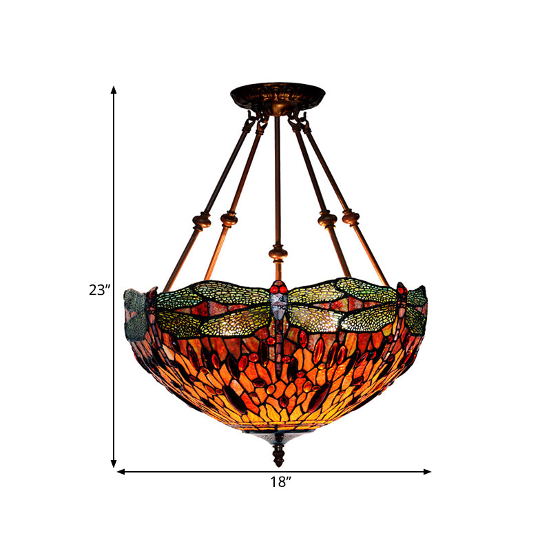 Dragonfly Red/Orange Cut Glass Semi Flush Mount Tiffany Style 2 Lights Bronze Ceiling Fixture for Living Room Clearhalo 'Ceiling Lights' 'Close To Ceiling Lights' 'Close to ceiling' 'Glass shade' 'Glass' 'Semi-flushmount' 'Tiffany close to ceiling' 'Tiffany' Lighting' 317993