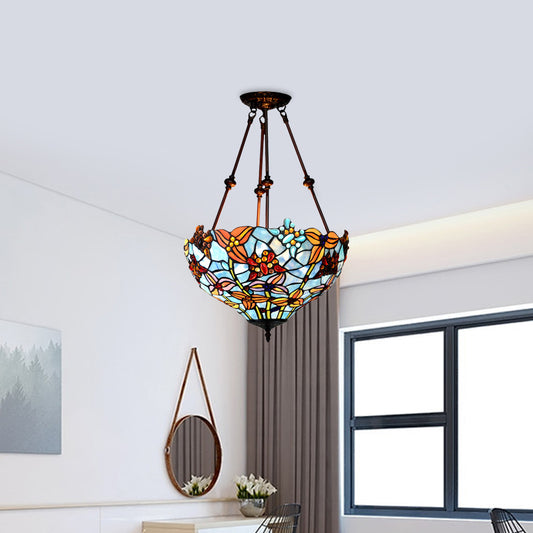 Flower Red/Orange/Blue Cut Glass Semi Mount Lighting Tiffany Style 2 Lights Bronze Ceiling Flush for Bedroom Blue Clearhalo 'Ceiling Lights' 'Close To Ceiling Lights' 'Close to ceiling' 'Glass shade' 'Glass' 'Semi-flushmount' 'Tiffany close to ceiling' 'Tiffany' Lighting' 318015