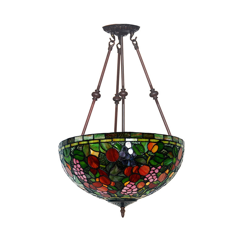 2 Lights Living Room Semi Flush Victorian Style Bronze Ceiling Light Fixture with Dome Green/Pink/Red Stained Glass Shade Clearhalo 'Ceiling Lights' 'Close To Ceiling Lights' 'Close to ceiling' 'Glass shade' 'Glass' 'Semi-flushmount' 'Tiffany close to ceiling' 'Tiffany' Lighting' 318062