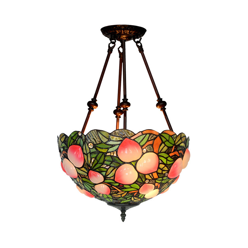 2 Lights Living Room Semi Flush Victorian Style Bronze Ceiling Light Fixture with Dome Green/Pink/Red Stained Glass Shade Pink Clearhalo 'Ceiling Lights' 'Close To Ceiling Lights' 'Close to ceiling' 'Glass shade' 'Glass' 'Semi-flushmount' 'Tiffany close to ceiling' 'Tiffany' Lighting' 318067
