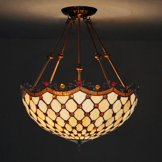 16"/18" Wide Beige Glass Semi Flush Light Fixture Beaded 2 Lights Tiffany Style Ceiling Mount for Corridor Beige 18" Clearhalo 'Ceiling Lights' 'Close To Ceiling Lights' 'Close to ceiling' 'Glass shade' 'Glass' 'Semi-flushmount' 'Tiffany close to ceiling' 'Tiffany' Lighting' 318203