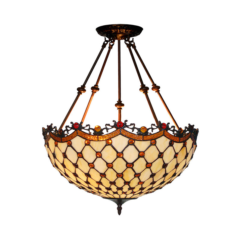 16"/18" Wide Beige Glass Semi Flush Light Fixture Beaded 2 Lights Tiffany Style Ceiling Mount for Corridor Clearhalo 'Ceiling Lights' 'Close To Ceiling Lights' 'Close to ceiling' 'Glass shade' 'Glass' 'Semi-flushmount' 'Tiffany close to ceiling' 'Tiffany' Lighting' 318204