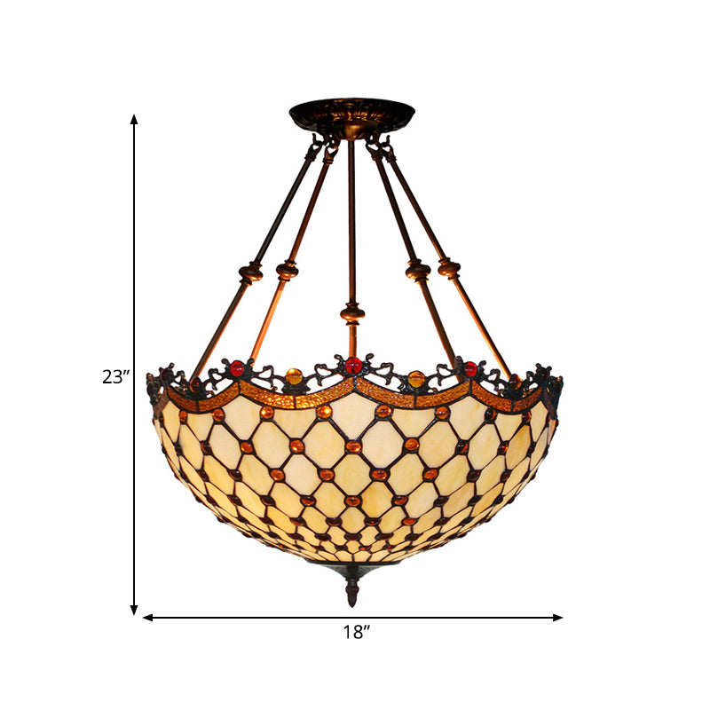 16"/18" Wide Beige Glass Semi Flush Light Fixture Beaded 2 Lights Tiffany Style Ceiling Mount for Corridor Clearhalo 'Ceiling Lights' 'Close To Ceiling Lights' 'Close to ceiling' 'Glass shade' 'Glass' 'Semi-flushmount' 'Tiffany close to ceiling' 'Tiffany' Lighting' 318205