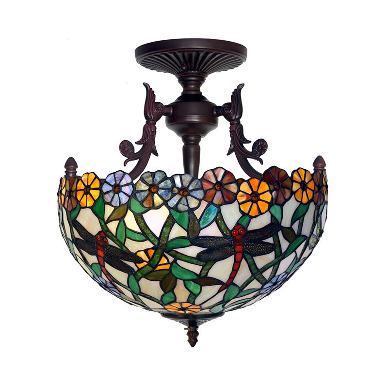 Bronze 3 Lights Semi Flush Light Mediterranean Beige/Red/Yellow Glass Domed Shade Ceiling Lighting for Living Room Clearhalo 'Ceiling Lights' 'Chandeliers' 'Close To Ceiling Lights' 'Close to ceiling' 'Glass shade' 'Glass' 'Semi-flushmount' 'Tiffany close to ceiling' 'Tiffany' Lighting' 318258