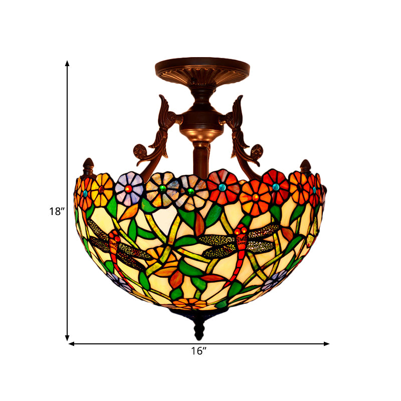 Bronze 3 Lights Semi Flush Light Mediterranean Beige/Red/Yellow Glass Domed Shade Ceiling Lighting for Living Room Clearhalo 'Ceiling Lights' 'Chandeliers' 'Close To Ceiling Lights' 'Close to ceiling' 'Glass shade' 'Glass' 'Semi-flushmount' 'Tiffany close to ceiling' 'Tiffany' Lighting' 318259