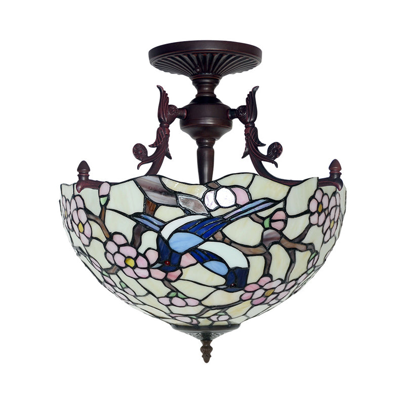 Bronze 3 Lights Semi Flush Light Mediterranean Beige/Red/Yellow Glass Domed Shade Ceiling Lighting for Living Room Clearhalo 'Ceiling Lights' 'Chandeliers' 'Close To Ceiling Lights' 'Close to ceiling' 'Glass shade' 'Glass' 'Semi-flushmount' 'Tiffany close to ceiling' 'Tiffany' Lighting' 318261