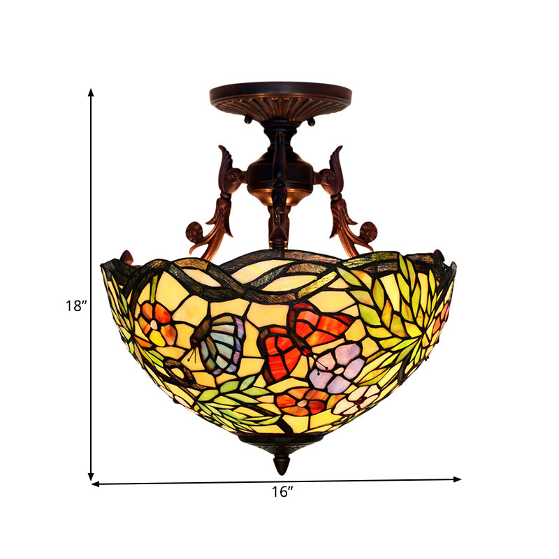 Bronze 3 Lights Semi Flush Light Mediterranean Beige/Red/Yellow Glass Domed Shade Ceiling Lighting for Living Room Clearhalo 'Ceiling Lights' 'Chandeliers' 'Close To Ceiling Lights' 'Close to ceiling' 'Glass shade' 'Glass' 'Semi-flushmount' 'Tiffany close to ceiling' 'Tiffany' Lighting' 318265