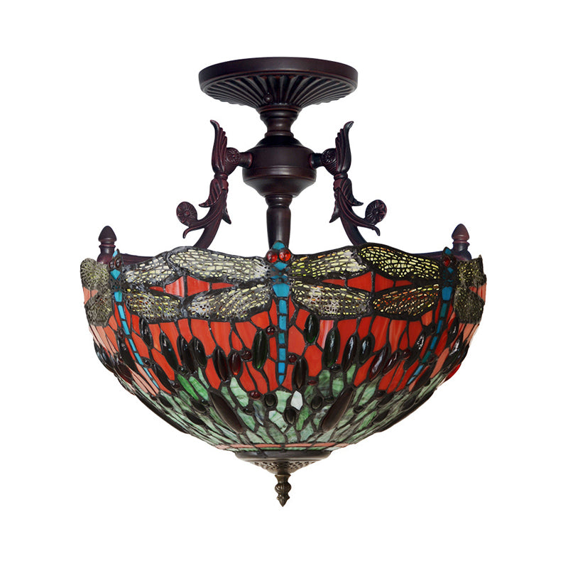 Bronze 3 Lights Semi Flush Light Mediterranean Beige/Red/Yellow Glass Domed Shade Ceiling Lighting for Living Room Clearhalo 'Ceiling Lights' 'Chandeliers' 'Close To Ceiling Lights' 'Close to ceiling' 'Glass shade' 'Glass' 'Semi-flushmount' 'Tiffany close to ceiling' 'Tiffany' Lighting' 318267