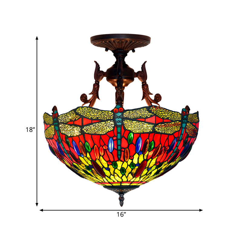 Bronze 3 Lights Semi Flush Light Mediterranean Beige/Red/Yellow Glass Domed Shade Ceiling Lighting for Living Room Clearhalo 'Ceiling Lights' 'Chandeliers' 'Close To Ceiling Lights' 'Close to ceiling' 'Glass shade' 'Glass' 'Semi-flushmount' 'Tiffany close to ceiling' 'Tiffany' Lighting' 318268